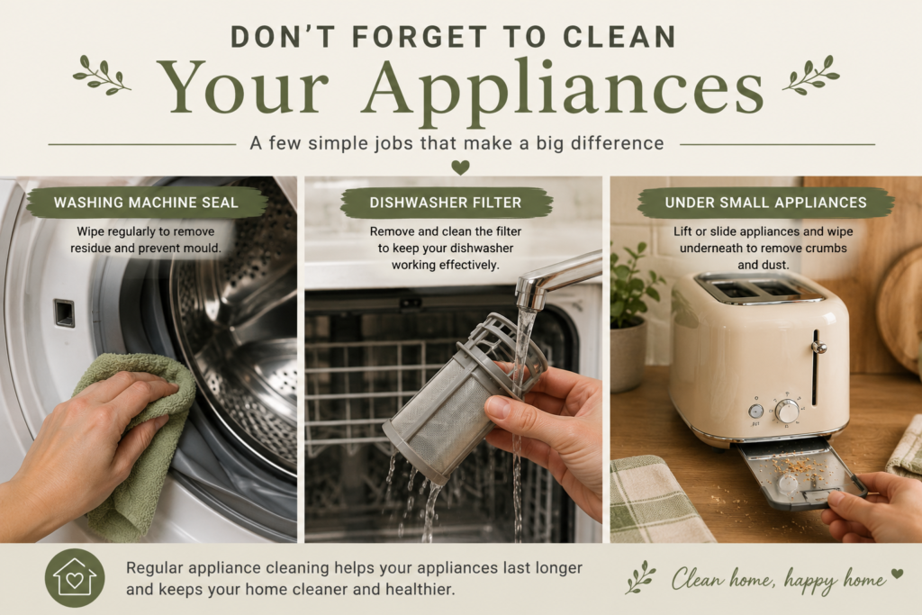 Cleaning a washing machine seal, dishwasher filter and toaster as part of a home appliance cleaning routine.