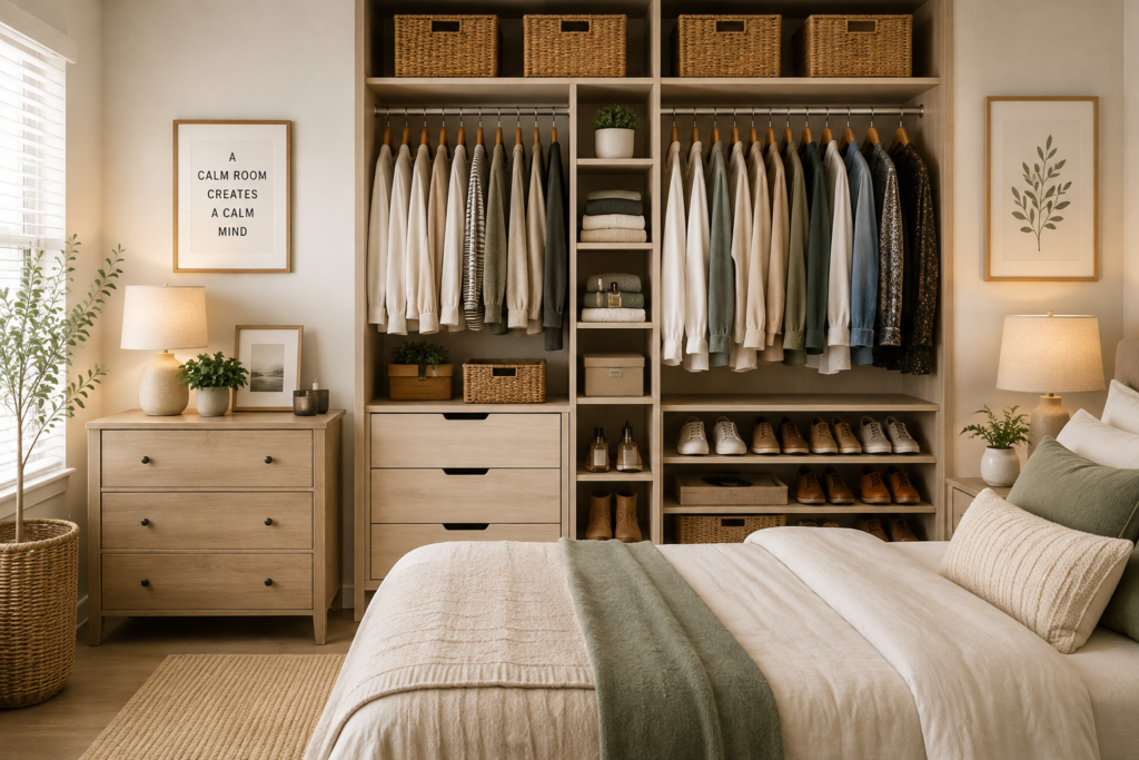 Calm, organised bedroom with an open wardrobe, neatly arranged clothes, shoes, drawers and woven storage baskets in warm neutral tones.