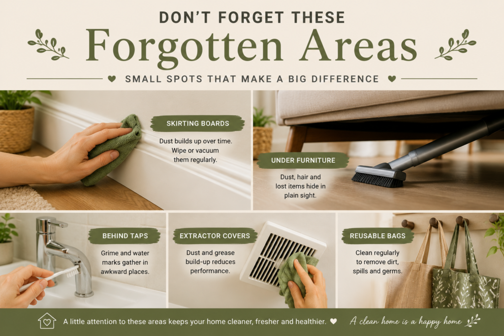 Forgotten cleaning areas around the home including skirting boards, under furniture, behind taps, extractor covers and reusable bags.