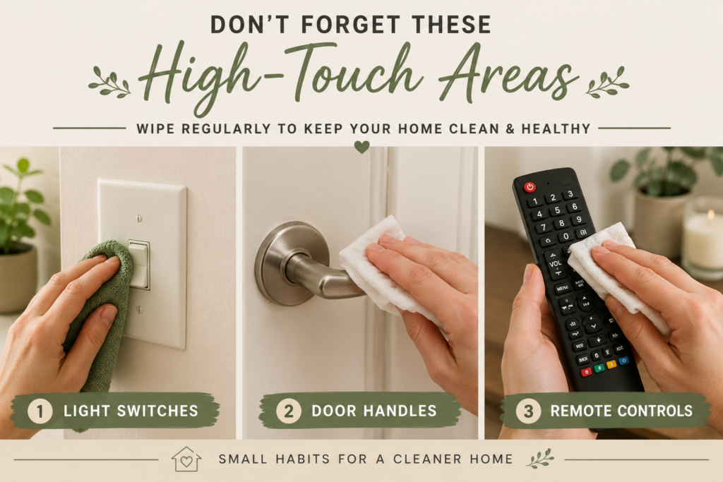 Cleaning high-touch areas including a light switch, door handle and TV remote control.