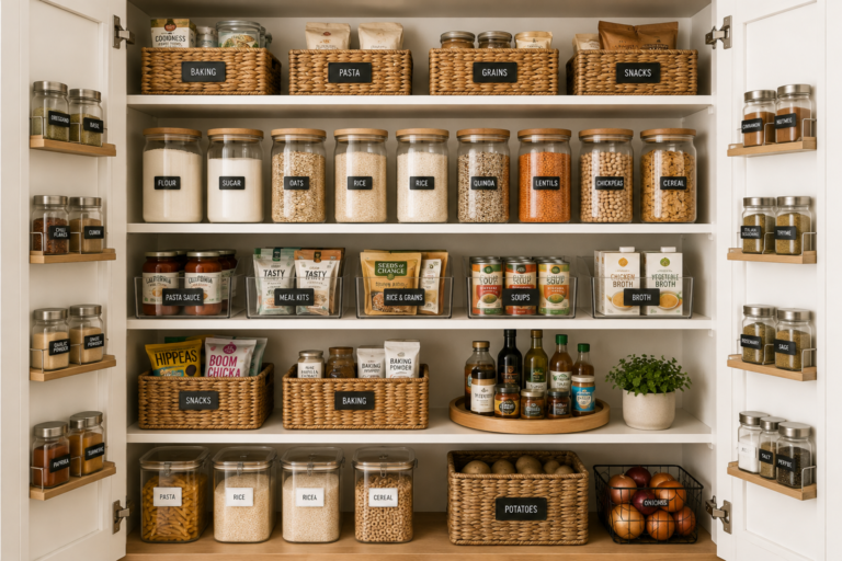Organised pantry with labelled glass jars, woven baskets, clear storage bins, spices and a turntable neatly arranging everyday food and cooking essentials.