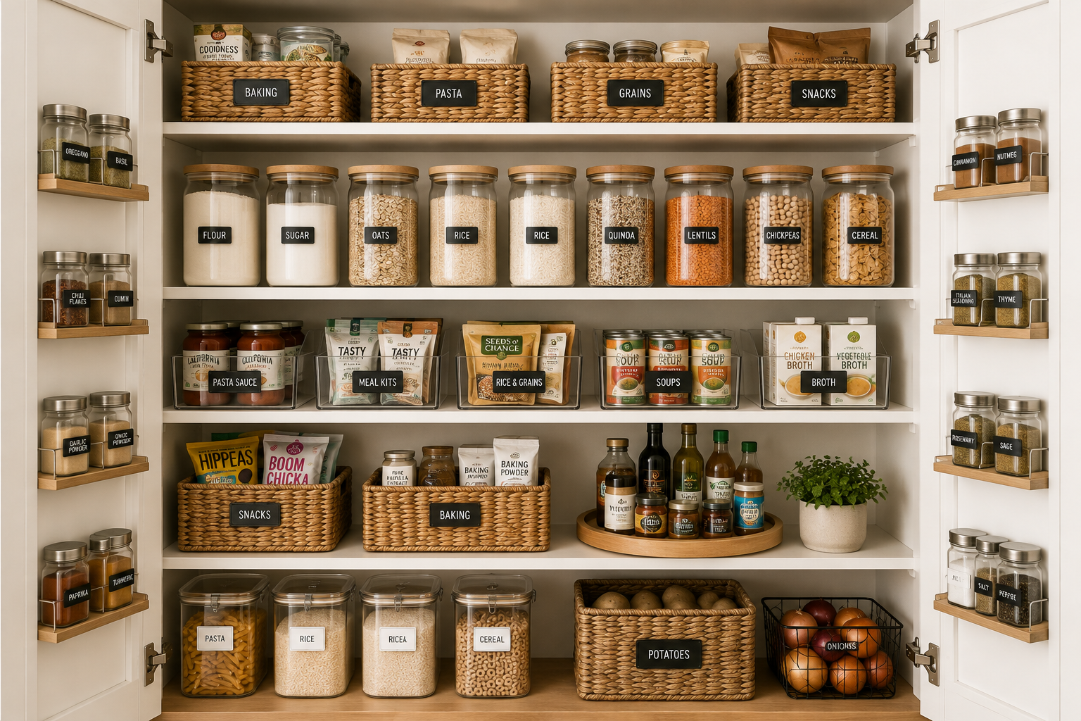 Organised pantry with labelled glass jars, woven baskets, clear storage bins, spices and a turntable neatly arranging everyday food and cooking essentials.