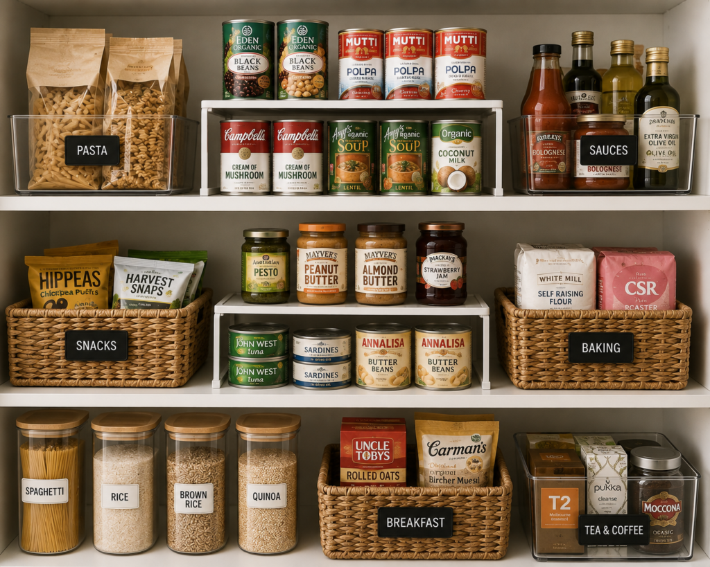 Organised pantry shelves with shelf risers displaying tins and jars, alongside labelled baskets and clear containers for pasta, snacks, baking supplies and breakfast foods.