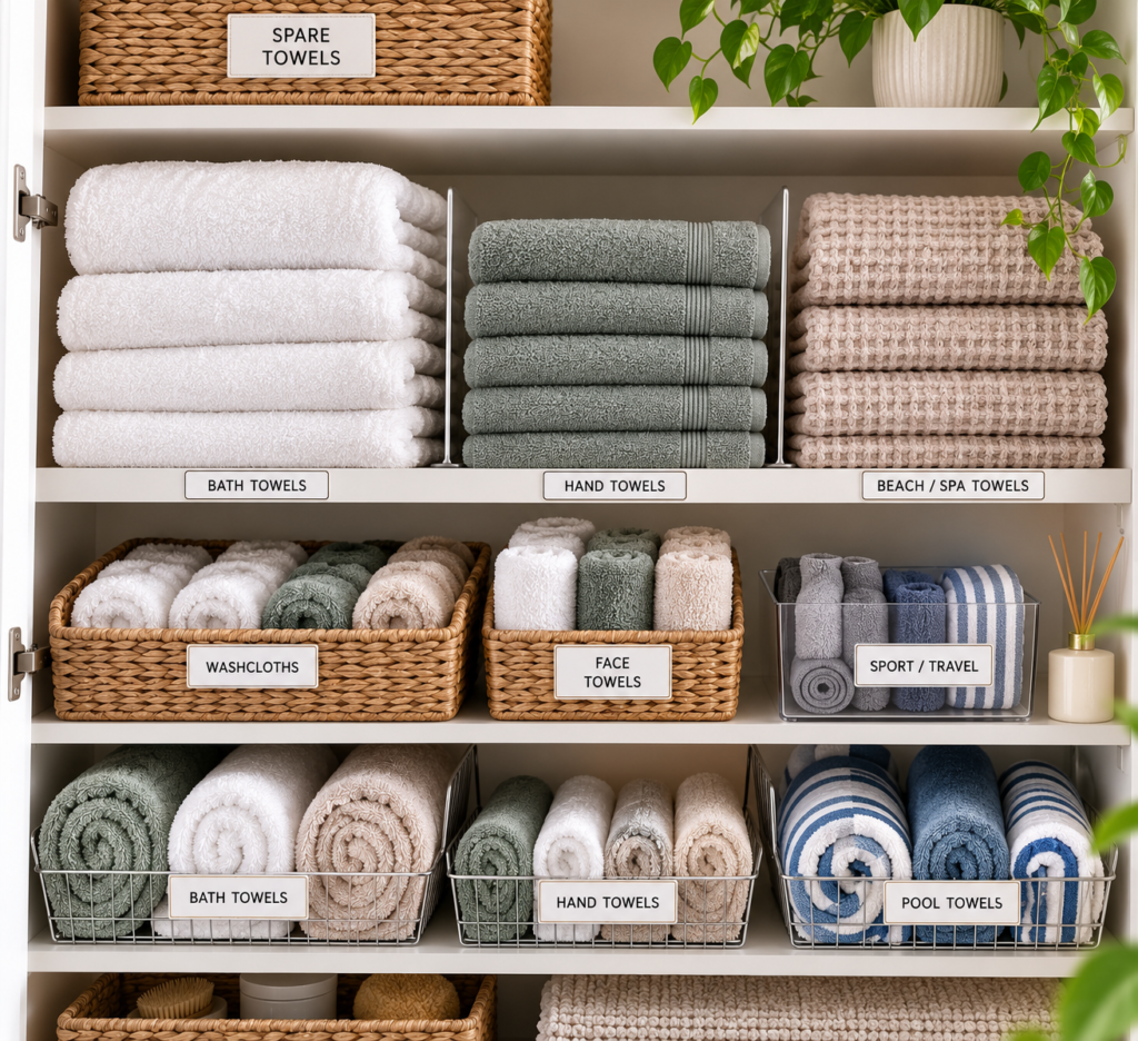 Organised linen cupboard with neatly folded and rolled bath towels, hand towels and washcloths stored using shelf dividers, labelled baskets and storage bins.