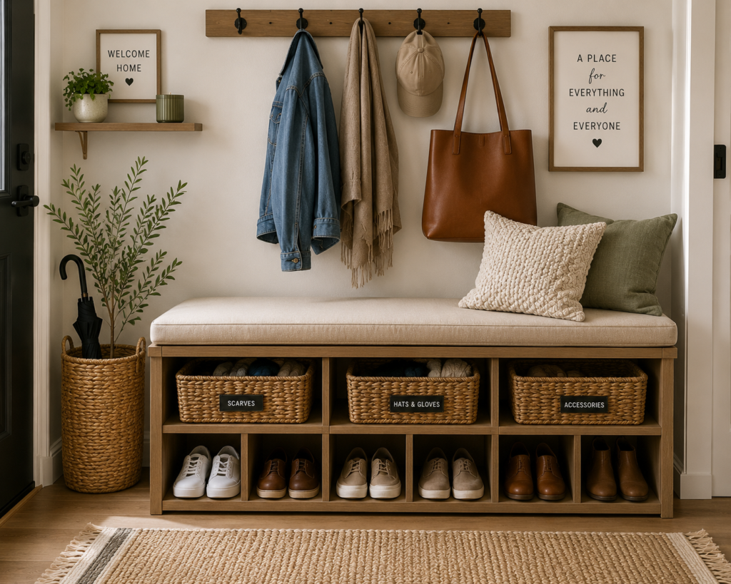 Organised entryway storage bench with shoe compartments, labelled wicker baskets, wall hooks for coats and bags, and neatly stored everyday accessories.