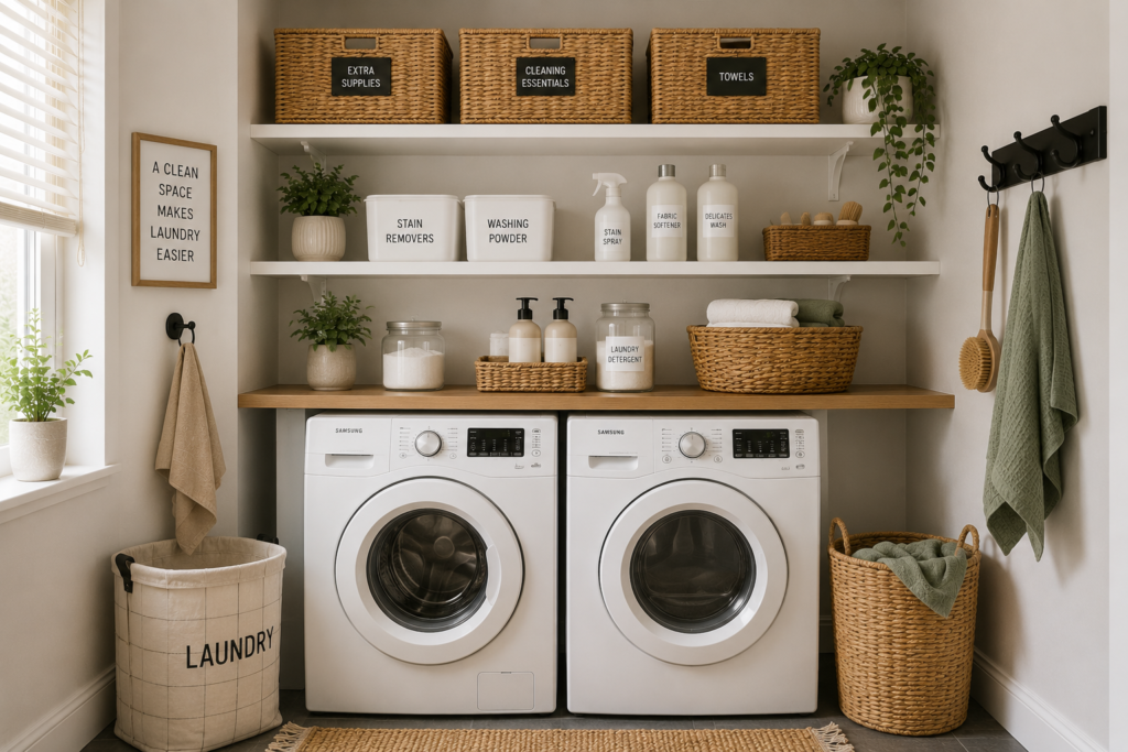Organised laundry room with open shelving and wicker baskets above a washer and dryer, neatly storing detergent, towels and cleaning supplies.