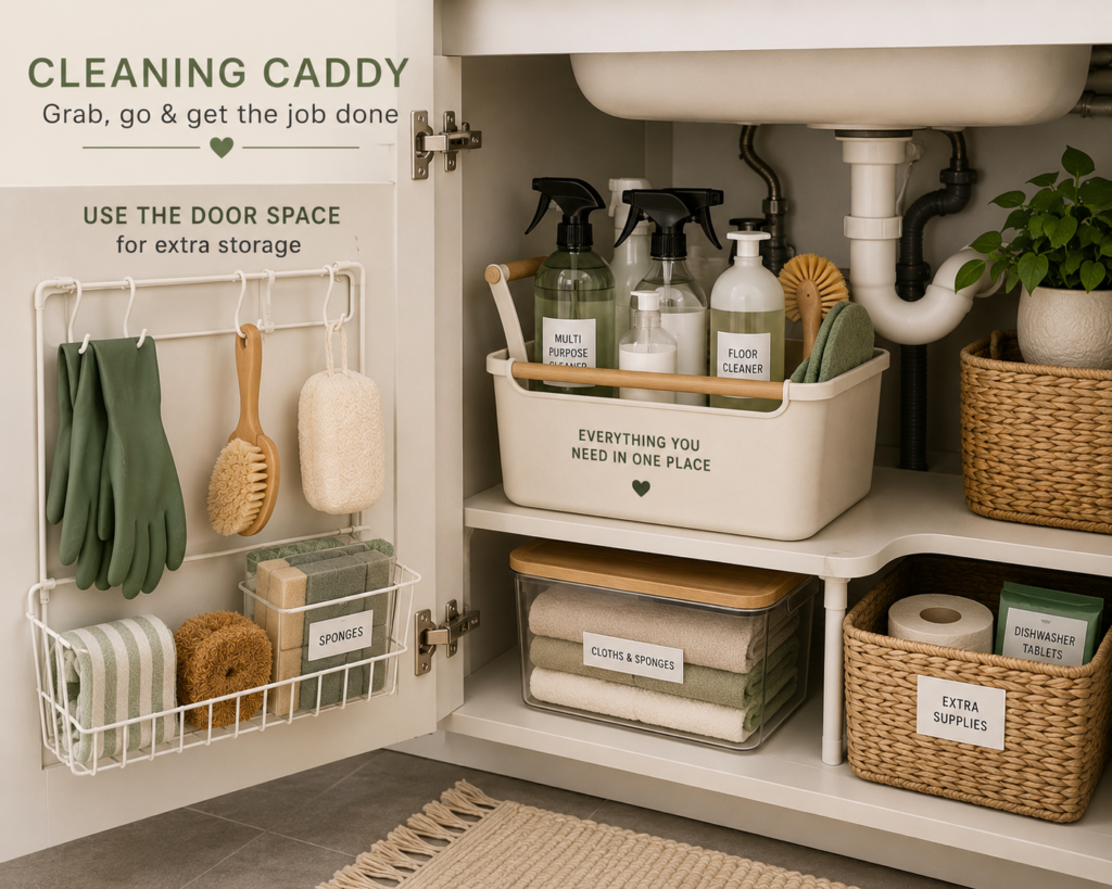 Organised under-sink cupboard with a portable cleaning caddy, sprays, cloths, sponges and door-mounted storage for gloves and cleaning brushes.