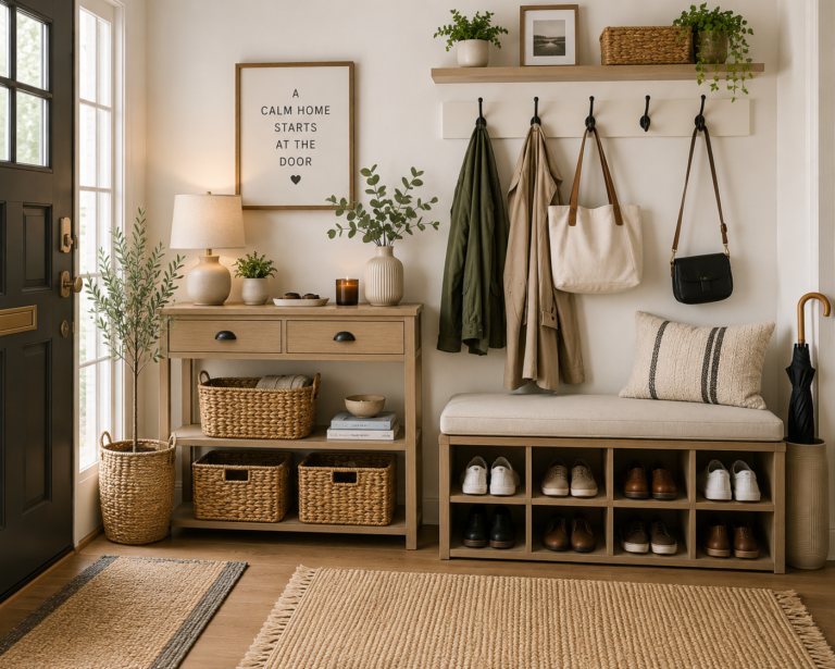Organised entryway with a storage bench, shoe compartments, woven baskets, wall hooks for coats and bags, and a narrow console table.
