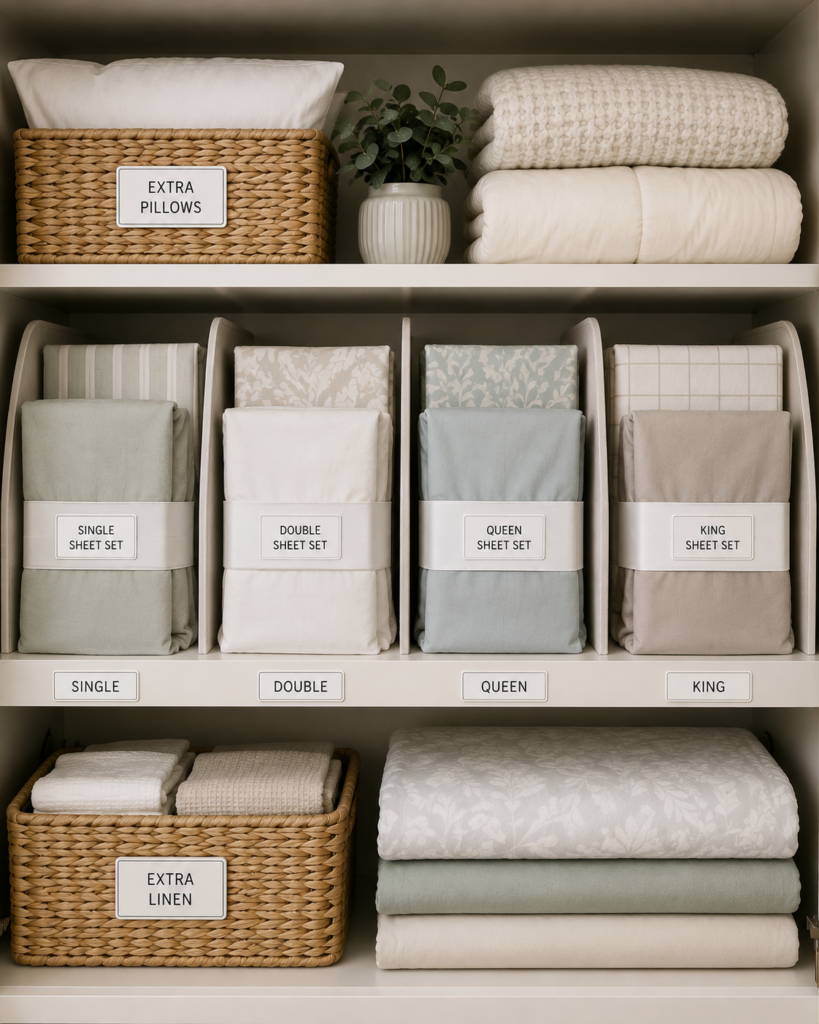 Organised linen cupboard with matching sheet sets neatly stored in labelled sections for single, double, queen and king beds, alongside folded bedding and woven storage baskets.