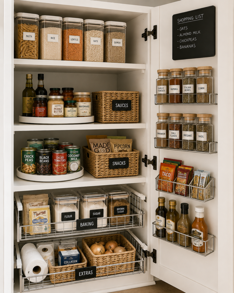 Compact pantry cupboard organised with clear containers, turntables, pull-out baskets, door-mounted racks and labelled storage for everyday food and cooking essentials.