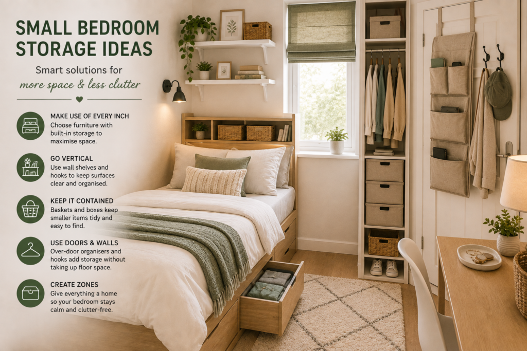 Small organised bedroom with built-in bed drawers, wall shelves, baskets, wardrobe storage and an over-door organiser, showing space-saving bedroom storage ideas.