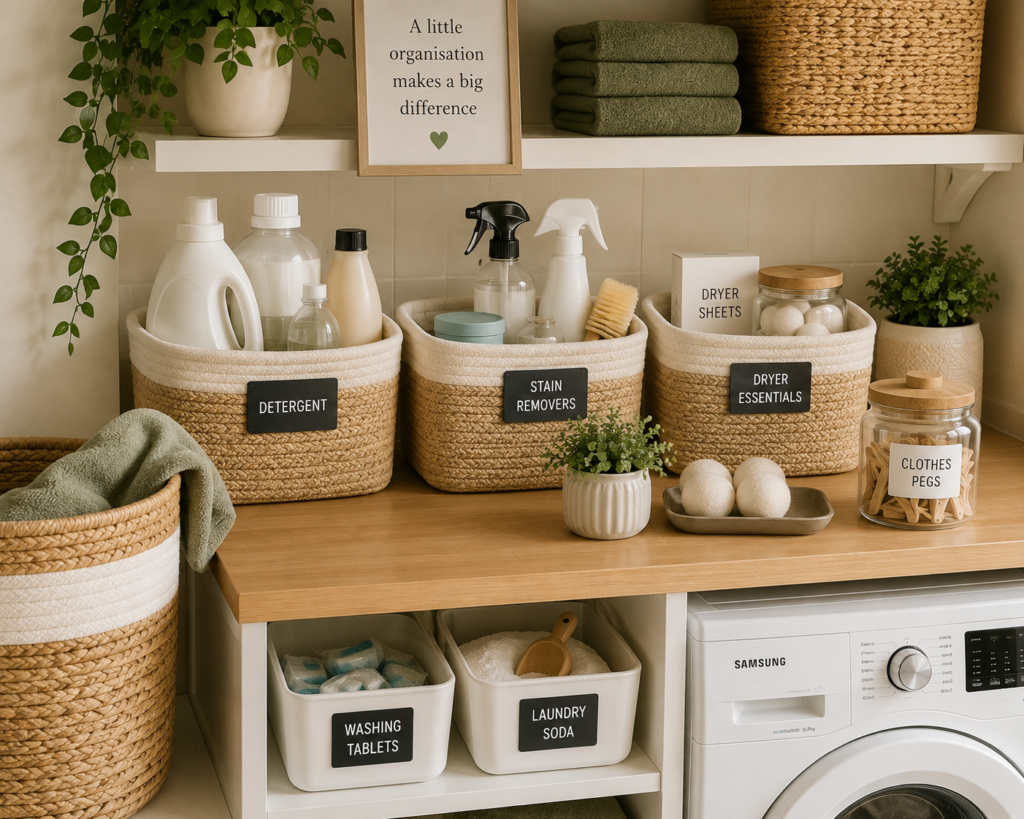 Organised laundry essentials stored in labelled woven baskets and containers, including detergent, stain removers, dryer supplies and clothes pegs.