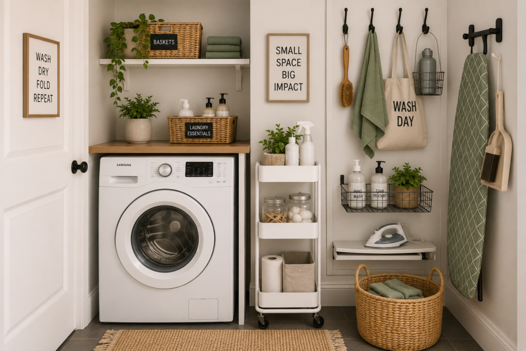 Small organised laundry room with a narrow rolling storage cart, wall hooks, shelving and compact storage for laundry and cleaning essentials.