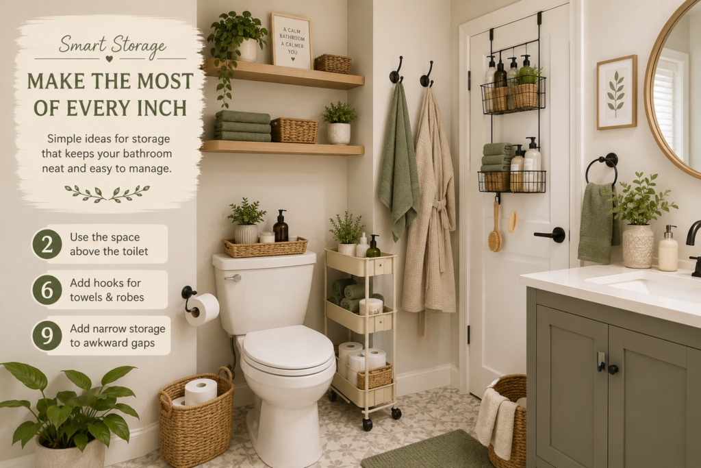 Small bathroom organised with floating shelves, towel hooks, over-door storage and a narrow trolley to maximise storage space.