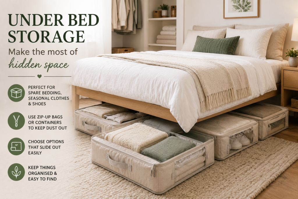Organised bedroom with zip-up storage bags under the bed holding spare bedding, seasonal clothes and shoes, demonstrating practical under-bed storage.