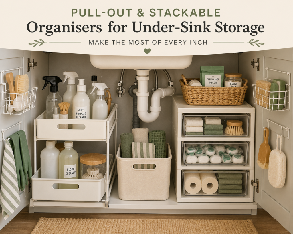 Under-sink cupboard organised with pull-out storage bins, stackable drawers, baskets and cleaning supplies arranged neatly around the plumbing.