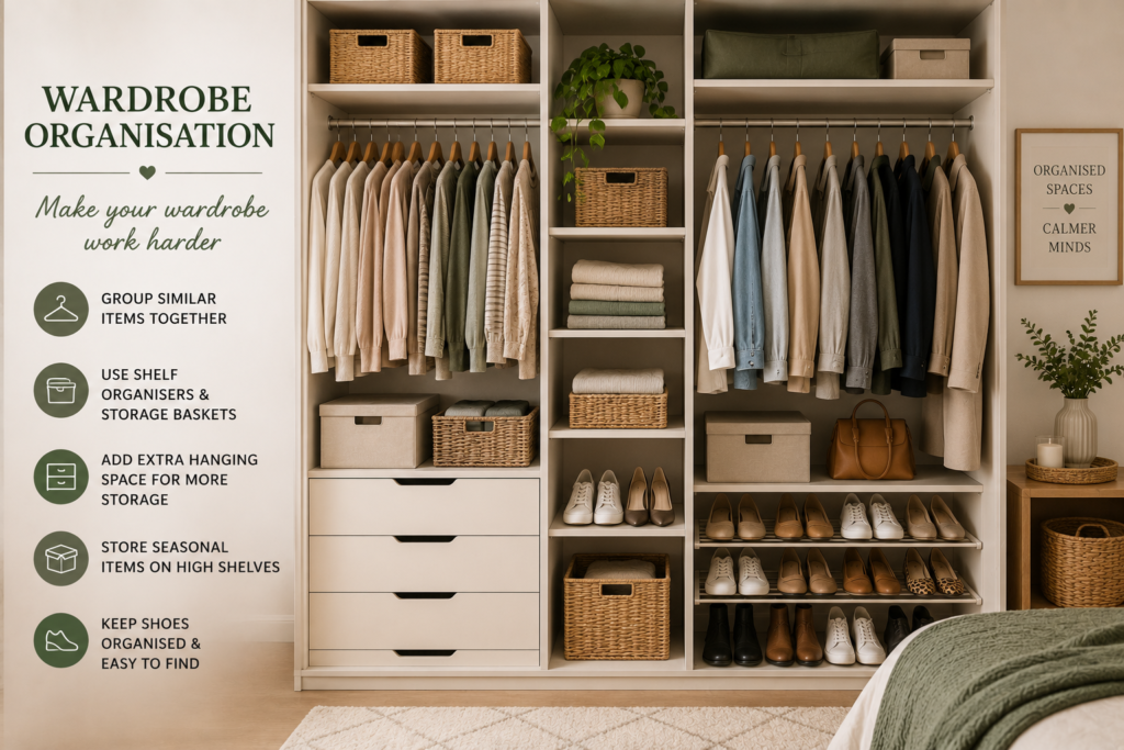 Organised bedroom wardrobe with neatly arranged clothes, storage baskets, drawers, folded items and shoe shelving, demonstrating practical wardrobe storage ideas.