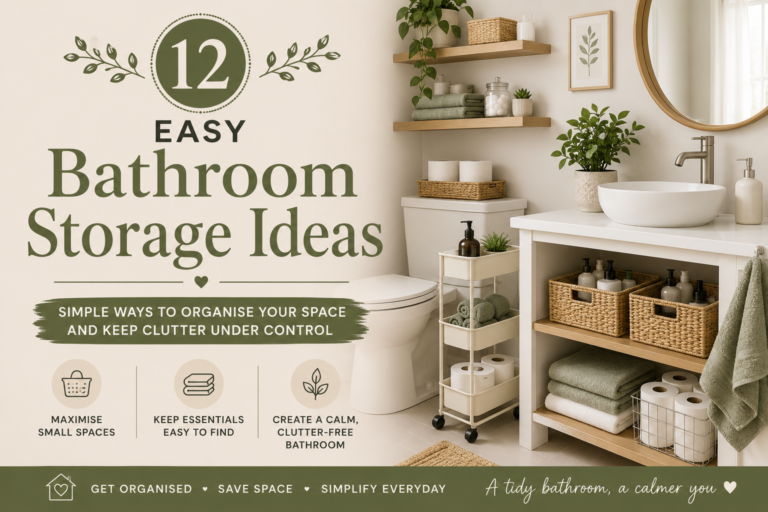 Organised bathroom with shelves, storage baskets, folded towels and a slim trolley showing practical bathroom storage ideas.