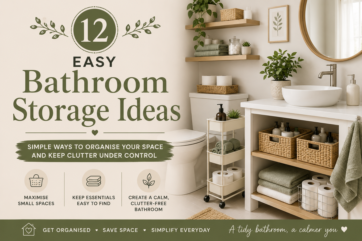 Organised bathroom with shelves, storage baskets, folded towels and a slim trolley showing practical bathroom storage ideas.