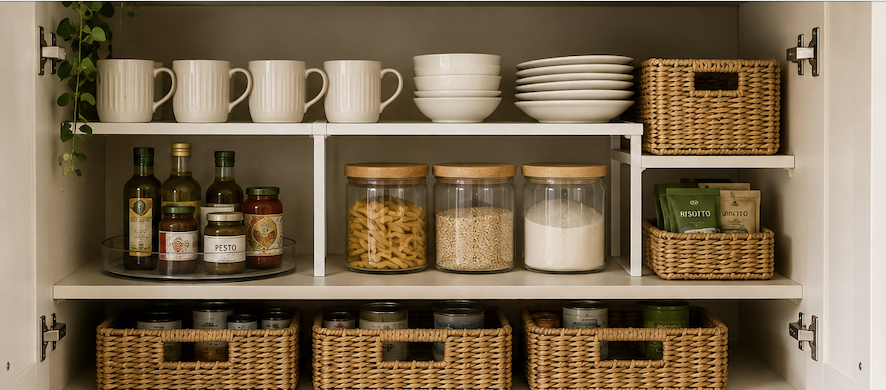 Small kitchen cupboard organised with shelf risers and storage baskets