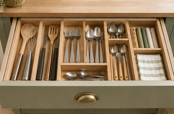 Small kitchen drawer organised with wooden drawer dividers