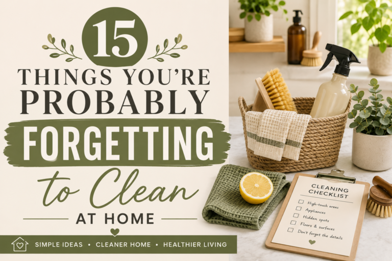 Cleaning supplies in a basket beside a checklist for 15 commonly forgotten things to clean at home.