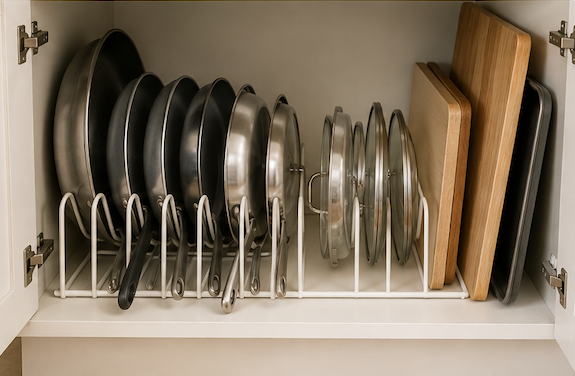 Pans and saucepan lids stored vertically in a kitchen cupboard