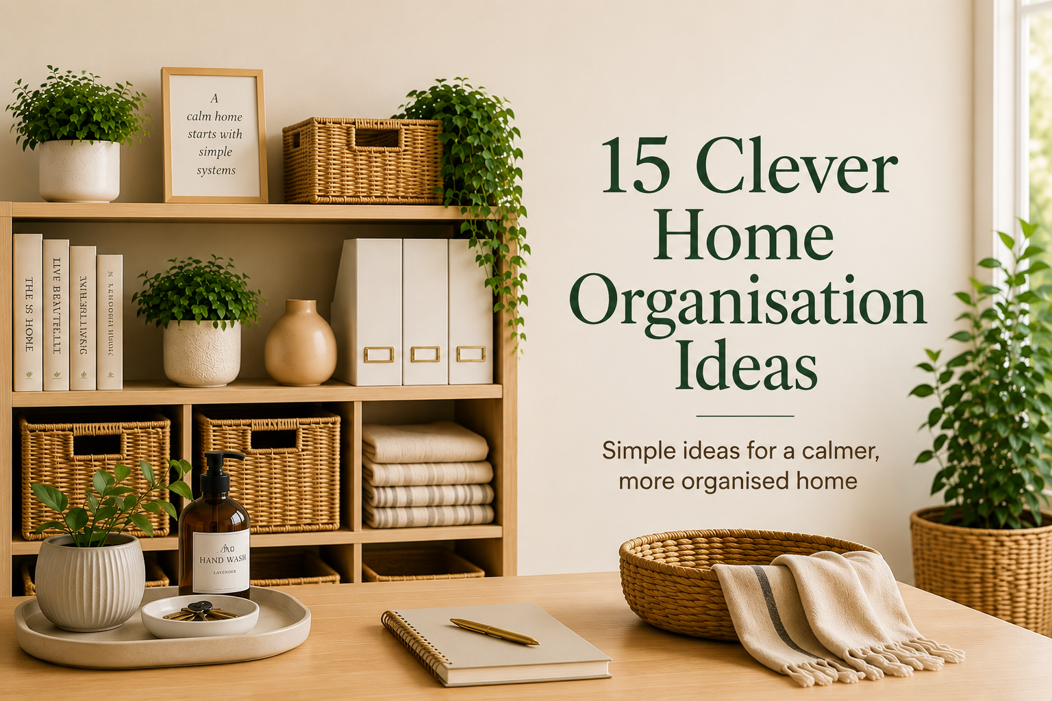 Calm organised home with practical storage ideas and woven baskets