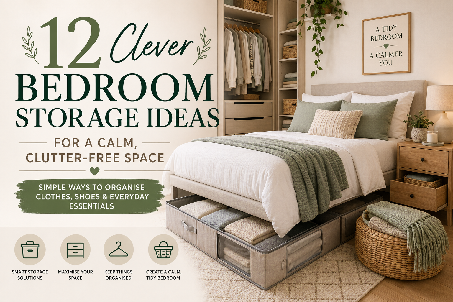 Organised neutral bedroom with under-bed storage, built-in wardrobe shelving and baskets, illustrating 12 clever bedroom storage ideas for a calm, clutter-free space.