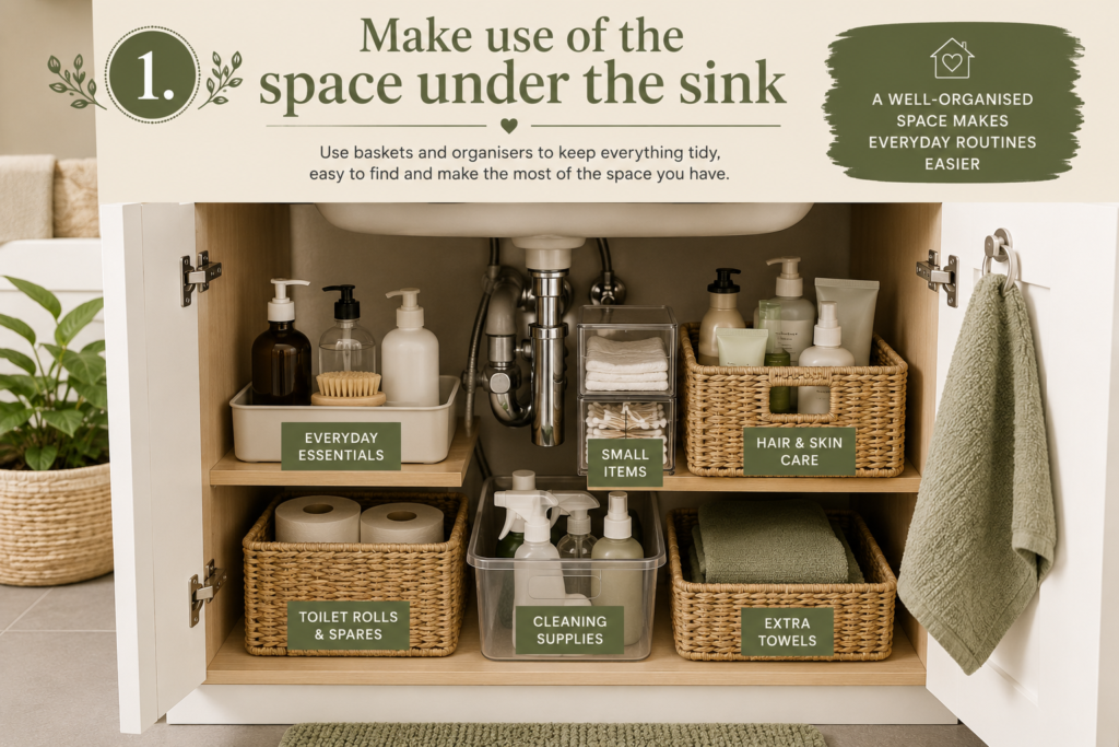Organised bathroom under-sink storage with labelled baskets for toiletries, cleaning supplies, toilet rolls and towels.