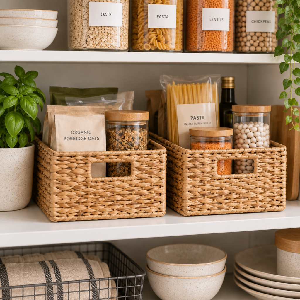 Woven handled storage baskets organising pantry staples, jars and bottles on kitchen shelves.