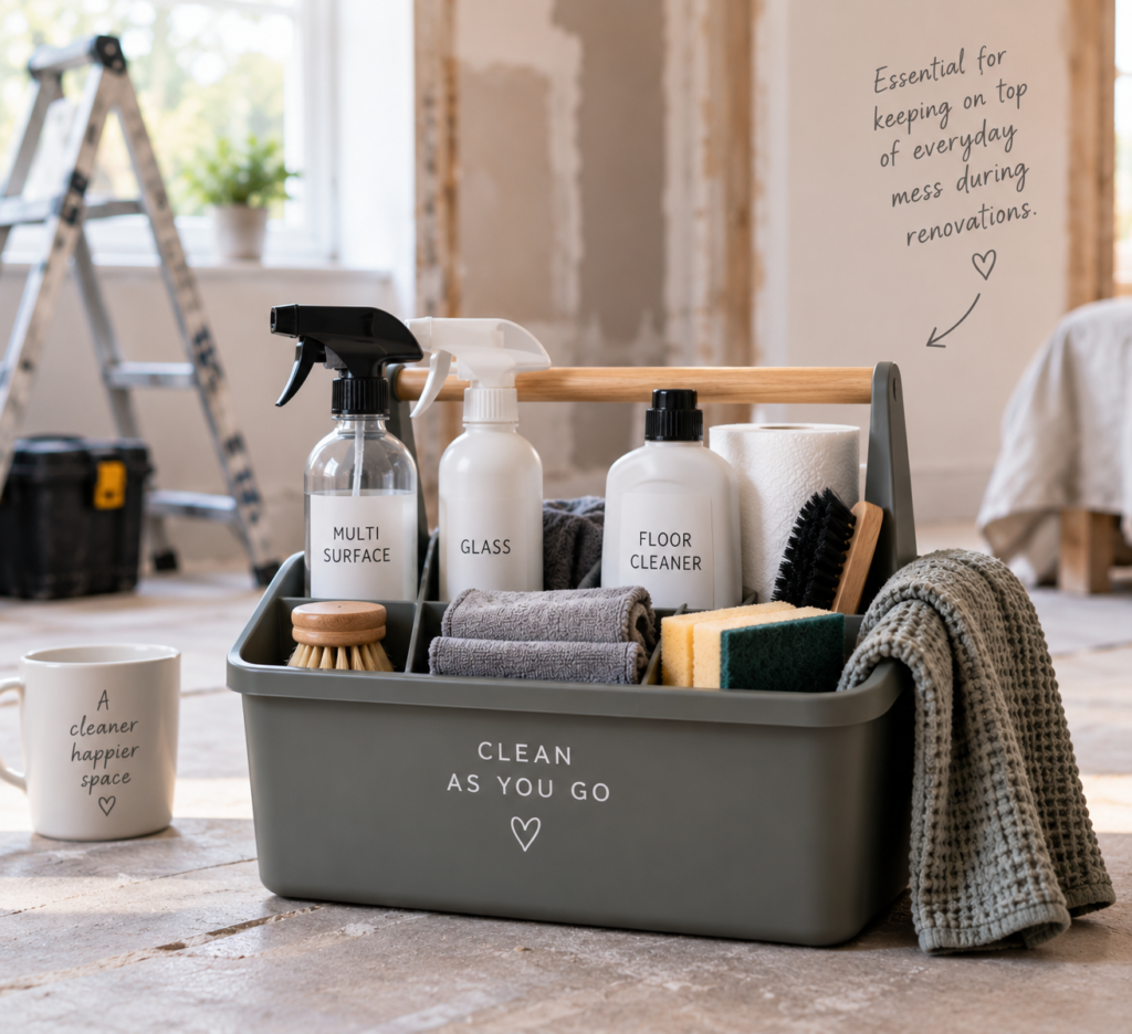 Portable cleaning caddy filled with essential cleaning supplies during a house renovation