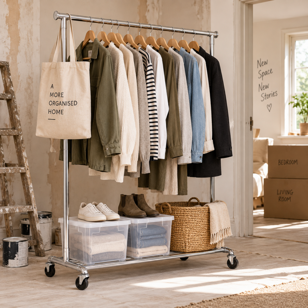 Heavy-duty clothes rail with hanging clothes and storage boxes used as temporary wardrobe storage during a house renovation.