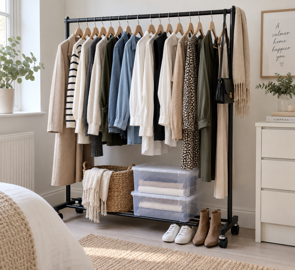Heavy-duty clothes rail used as temporary clothes storage during a house renovation