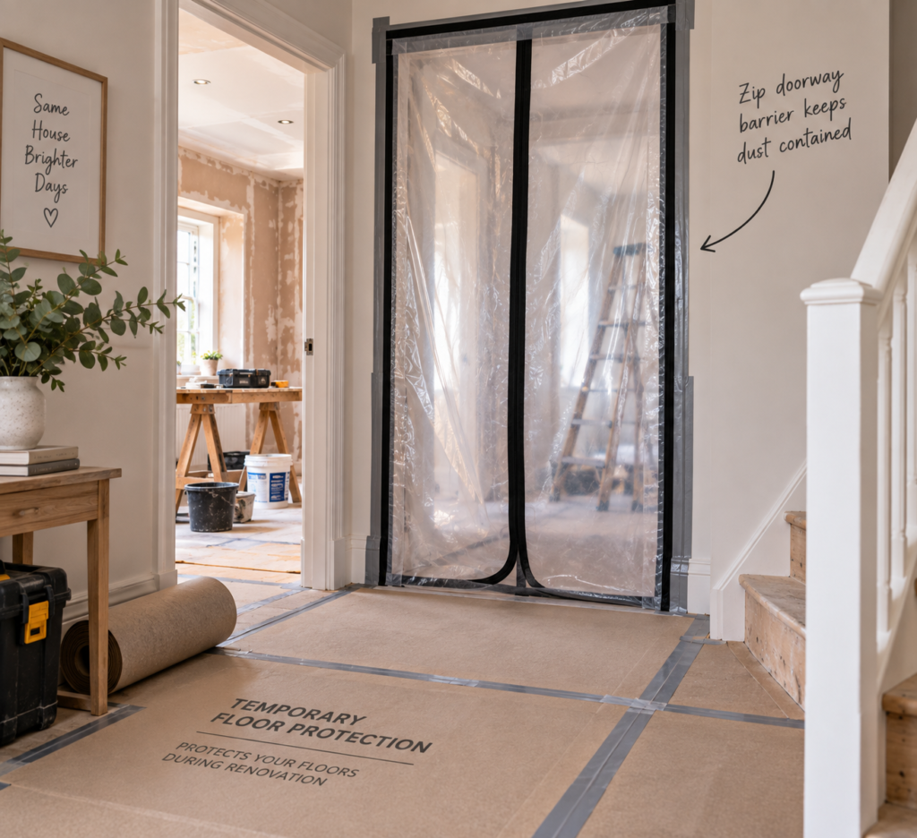 Zip doorway dust barrier and temporary floor protection used during a house renovation
