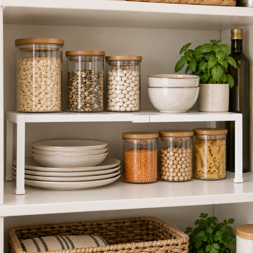 White expandable shelf riser organising plates, bowls and food storage jars in a kitchen cupboard.