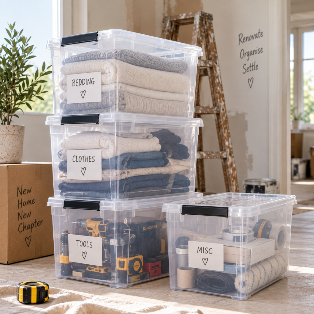 Clear stackable storage boxes with labels organising clothes, bedding, tools and household items during a house renovation.