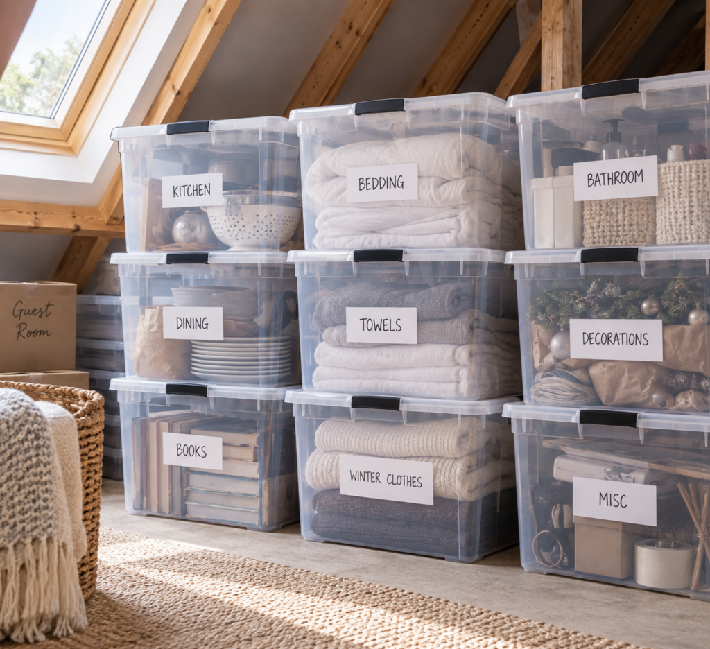 Clear labelled storage boxes stacked in a loft during a house renovation