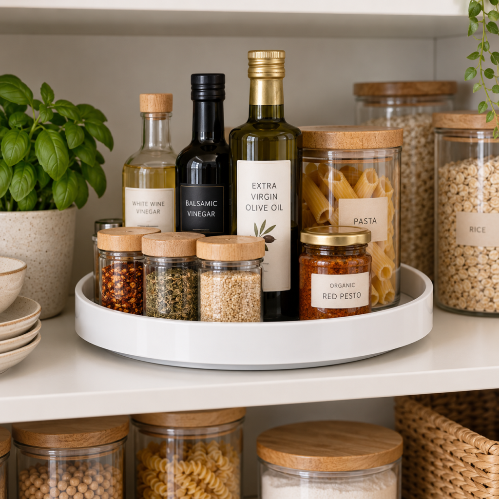 White pantry turntable organising oils, vinegars, spices and food jars on a kitchen shelf.